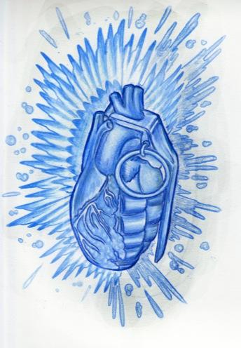 Tattoos - Blue Sketchbook Heart Grenade Tattoo Concept - 60607